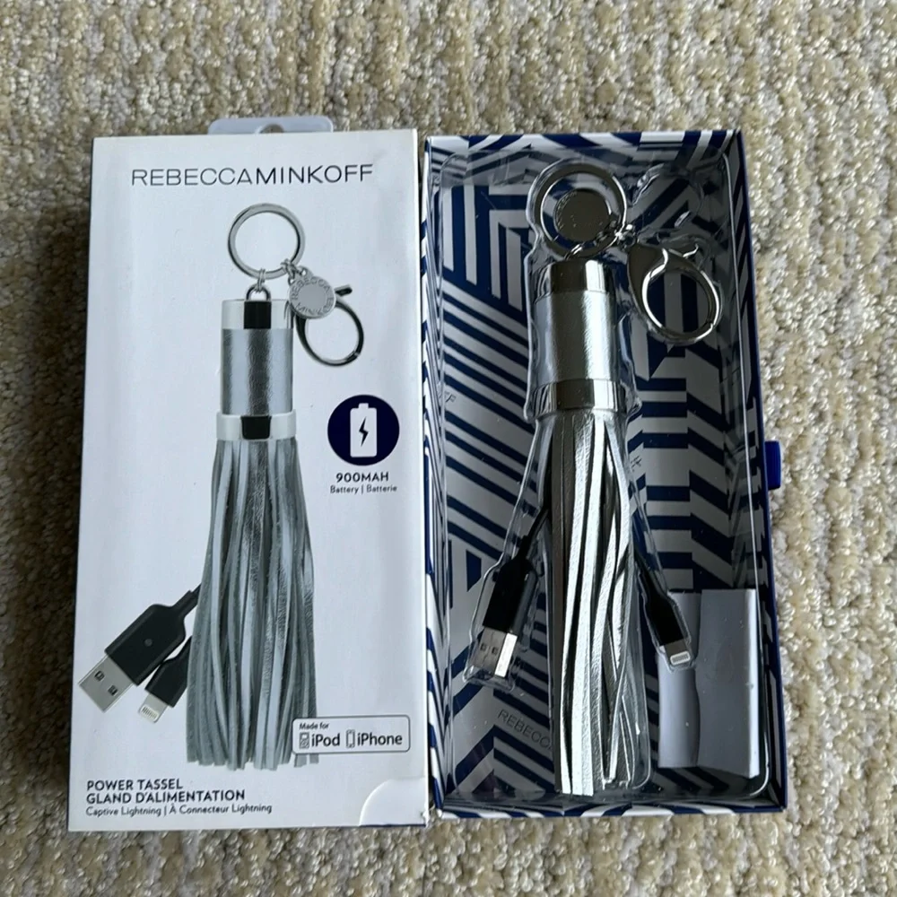 Rebecca Minkoff Silver Leather Charging Tassel Keychain